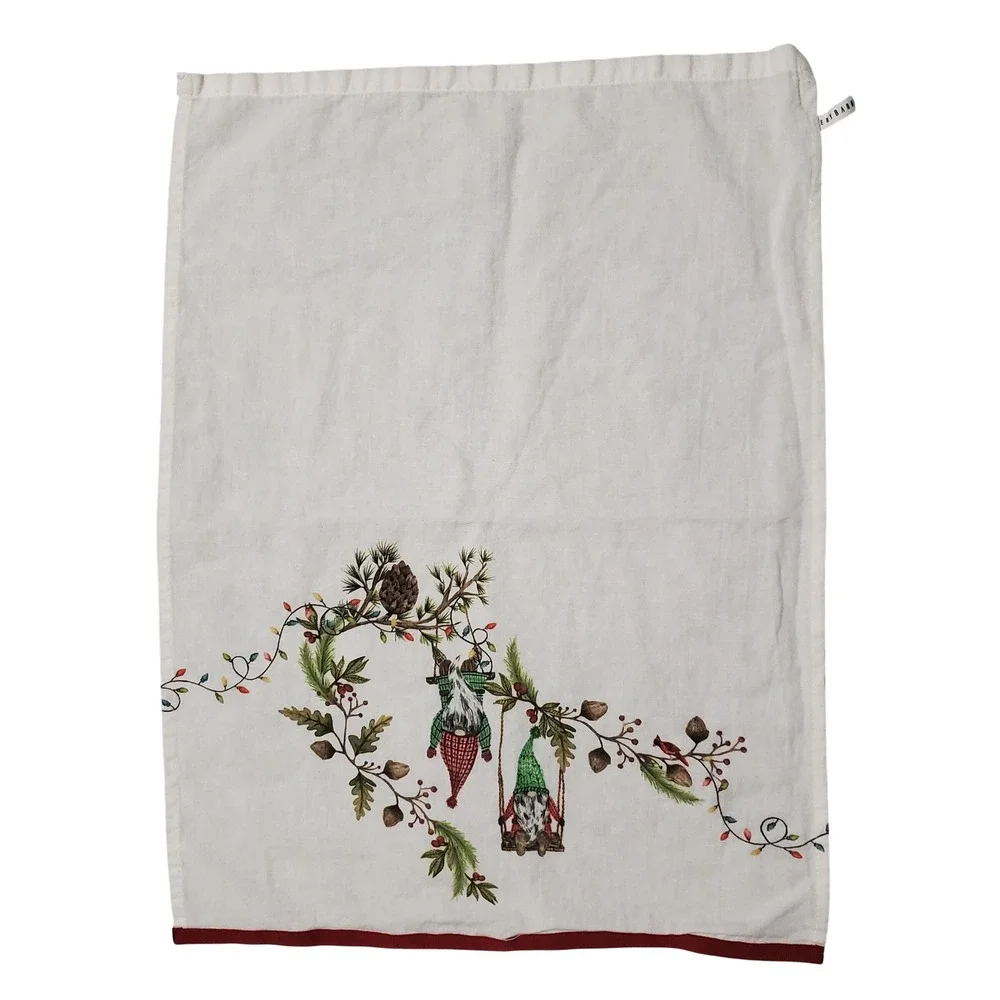 Pottery Barn Christmas Gnomes Embroidered Tea Towel White Red Holiday Kitchen